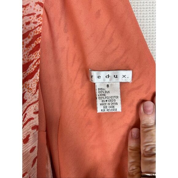 Redux 100% Silk Dress Size 8 Coral Abstract Print Wrap Midi Dress Lined - Picture 3 of 10